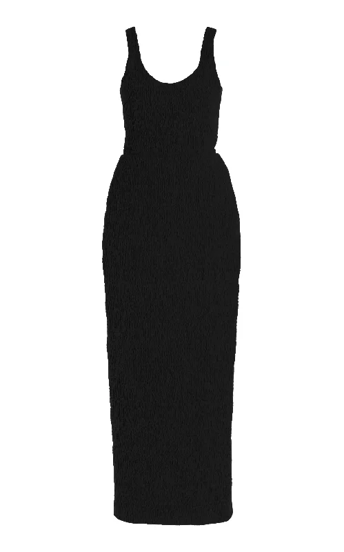 Luxury Women's Clothing Girard Shirred Maxi Dress in Black Aloe Linen