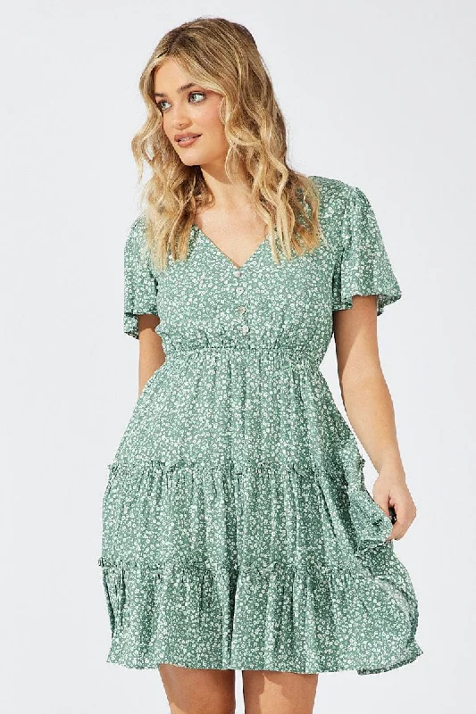 Women's Outerwear Attire Green Ditsy Fit And Flare Dress V-neck Mini