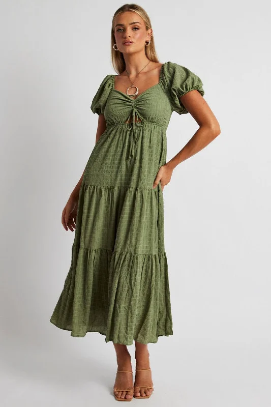 Women's Athletic Garments Green Midi Dress Puff Sleeve Ruch Front