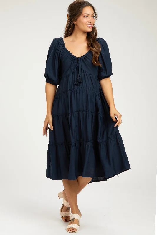 Chic Women's Clothing Online Navy Tiered Maternity Midi Dress