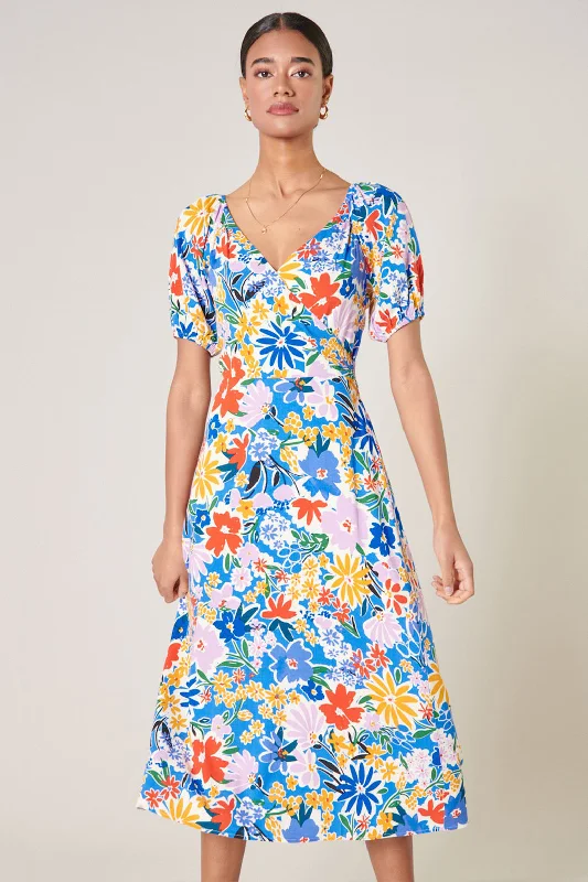 Ojai Floral Agave Puff Sleeve Midi Dress