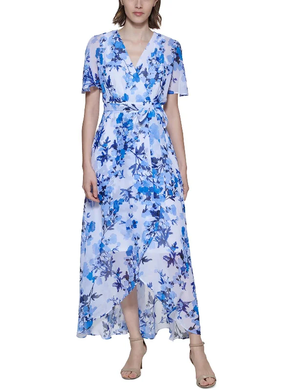 Petites Womens Floral Long Wrap Dress