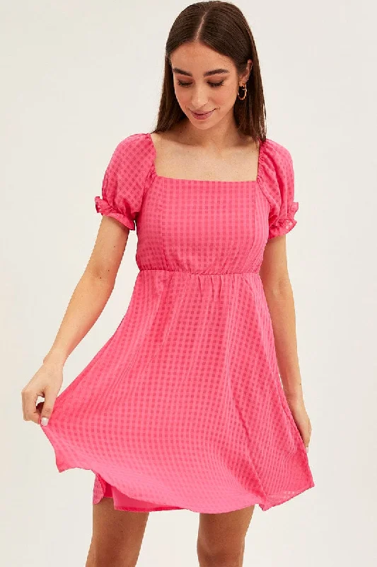Fashion-forward Women's Wear Pink Square Neck Puff Sleeve Skater Dress