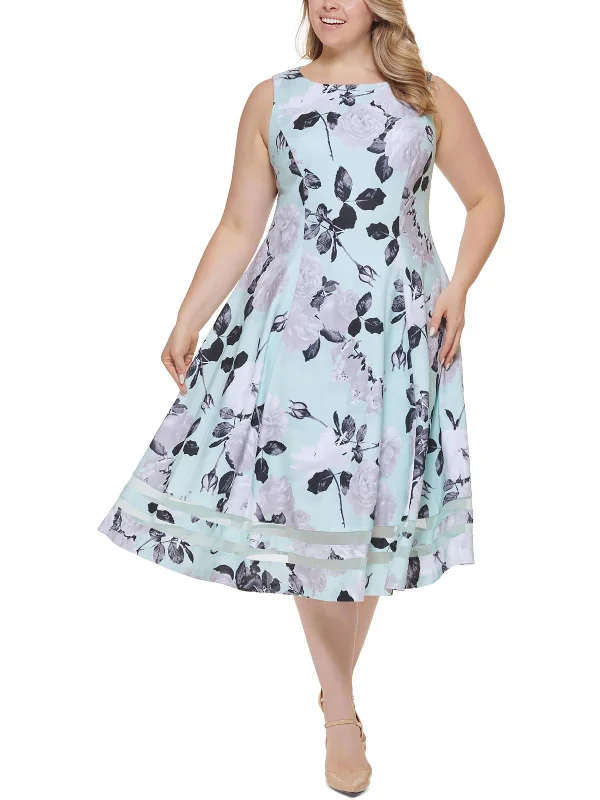 Plus Womens Floral Print Calf Midi Dress