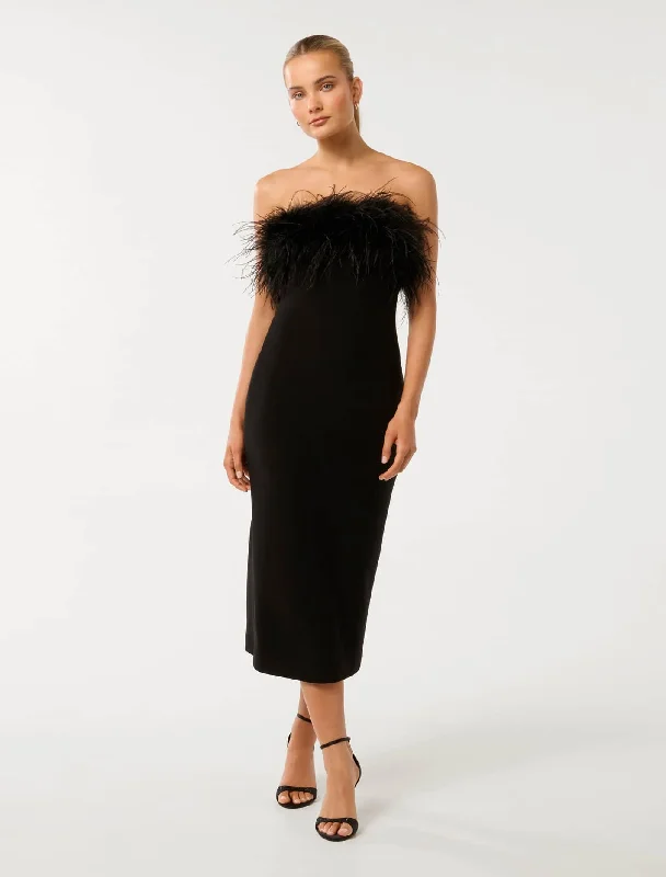 Vianna Feather Strapless Midi Dress