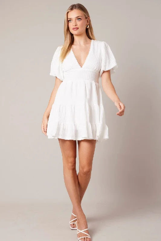 White Fit And Flare Dress Puff Sleeve