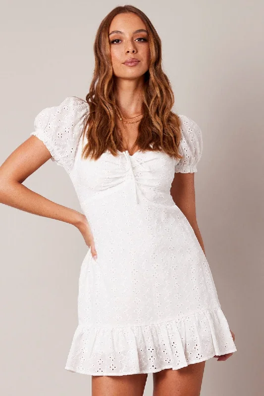 White Fit And Flare Dress Puff Sleeve Mini