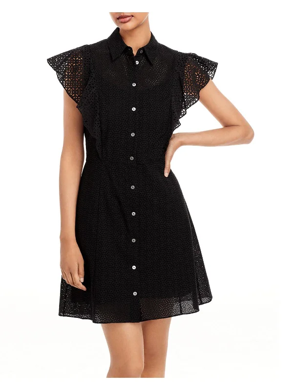 Womens Eyelet Flutter Sleeves Shirtdress