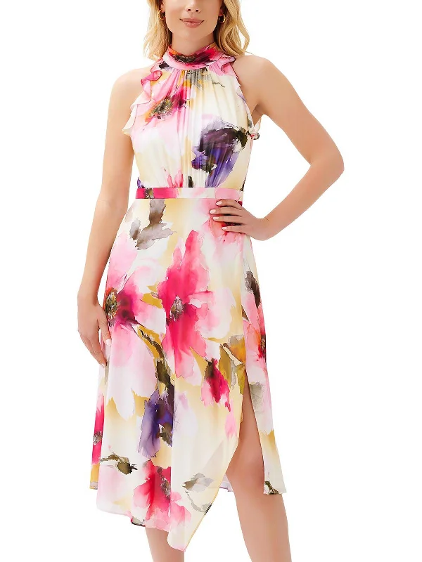 Womens Floral Print Mid Calf Halter Dress