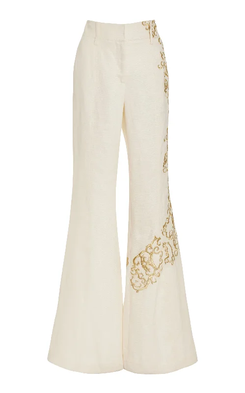 Rhein Embroidered Pant in Ivory Textured Linen