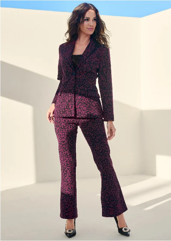 Leopard Kick Flare Suit Set - Wine